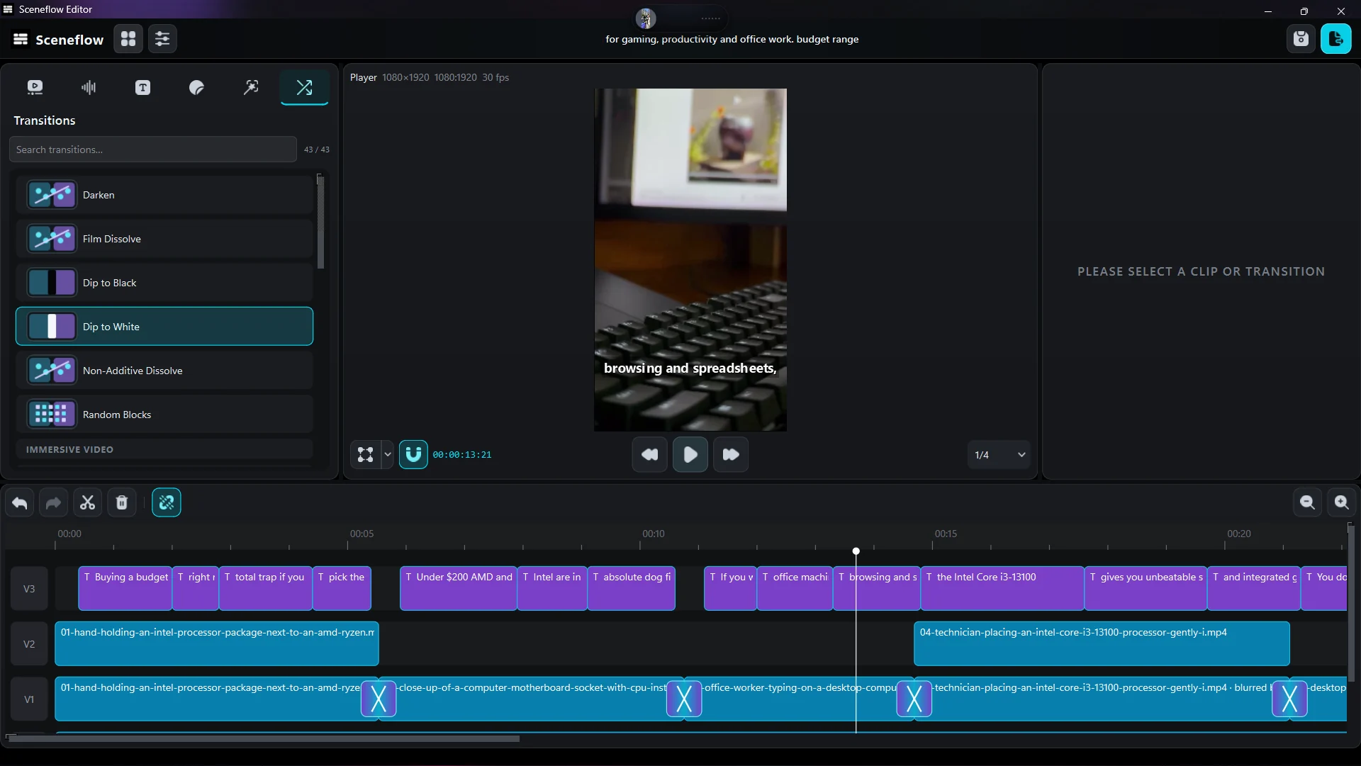 Close-up of caption and video tracks in the SceneFlow timeline